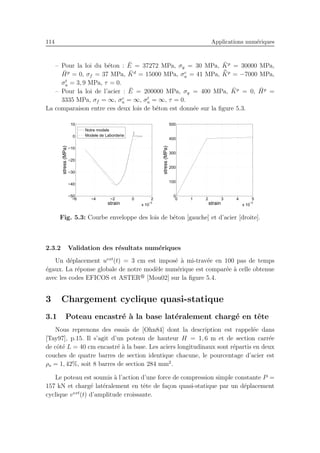 114 Applications num´eriques
– Pour la loi du b´eton : ¯E = 37272 MPa, σy = 30 MPa, ¯Kp
= 30000 MPa,
¯Hp
= 0, σf = 37 MPa, ¯Kd
= 15000 MPa, σc
u = 41 MPa, ¯¯Kp
= −7000 MPa,
σt
u = 3, 9 MPa, τ = 0.
– Pour la loi de l’acier : ¯E = 200000 MPa, σy = 400 MPa, ¯Kp
= 0, ¯Hp
=
3335 MPa, σf = ∞, σc
u = ∞, σt
u = ∞, τ = 0.
La comparaison entre ces deux lois de b´eton est donn´ee sur la ﬁgure 5.3.
−6 −4 −2 0 2
x 10
−3
−50
−40
−30
−20
−10
0
10
strain
stress(MPa)
Notre modele
Modele de Laborderie
0 1 2 3 4 5
x 10
−3
0
100
200
300
400
500
strain
stress(MPa)
Fig. 5.3: Courbe enveloppe des lois de b´eton [gauche] et d’acier [droite].
2.3.2 Validation des r´esultats num´eriques
Un d´eplacement uext
(t) = 3 cm est impos´e `a mi-trav´ee en 100 pas de temps
´egaux. La r´eponse globale de notre mod`ele num´erique est compar´ee `a celle obtenue
avec les codes EFICOS et ASTER [Mou02] sur la ﬁgure 5.4.
3 Chargement cyclique quasi-statique
3.1 Poteau encastr´e `a la base lat´eralement charg´e en tˆete
Nous reprenons des essais de [Ohn84] dont la description est rappel´ee dans
[Tay97], p.15. Il s’agit d’un poteau de hauteur H = 1, 6 m et de section carr´ee
de cˆot´e L = 40 cm encastr´e `a la base. Les aciers longitudinaux sont r´epartis en deux
couches de quatre barres de section identique chacune, le pourcentage d’acier est
ρs = 1, 42%, soit 8 barres de section 284 mm2
.
Le poteau est soumis `a l’action d’une force de compression simple constante P =
157 kN et charg´e lat´eralement en tˆete de fa¸con quasi-statique par un d´eplacement
cyclique vext
(t) d’amplitude croissante.
 