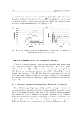 120 Applications num´eriques
pas distingu´ees ici car aucune source d’amortissement global n’est introduite dans la
simulation. La ﬁgure 5.11b indique que l’erreur (EBE) dans l’´equilibre entre l’´energie
externe et la somme des ´energies interne et cin´etique satisfait, avec un pas de temps
de 0,001 s, le crit`ere propos´e dans [Fil94] : EBE(t) ≤ 5%.
Fig. 5.11: (a) ´Energies sismiques exp´erimentale et num´erique ; (b) Erreur de
l’´equilibre ´energ´etique (EBE(t)) [Fil94].
Propri´et´es dynamiques `a la ﬁn du chargement sismique :
`A la ﬁn de l’excitation sismique, l’observation des vibrations libres permet d’´eva-
luer la p´eriode fondamentale – p´eriode qui est pr´edominante – Tfin
F V = 0, 42 s. Cette
valeur est inf´erieure `a Tfin
F V = 0, 55 s mesur´ee exp´erimentalement, mais proche de
celle obtenue par les simulations faites avec les mod`eles Perform3D 2 et ceux de
Vector2 dans le chapitre 2 (voir table 2.2). Nous observons aussi que 20 s apr`es la
ﬁn de l’excitation sismique, la structure est encore en mouvement, ce qui montre
que le mod`ele n’est pas capable de pr´edire les propri´et´es dissipatives attendues dans
la phase III.
4.2.3 Besoin de mod´eliser d’autres sources de dissipation d’´energie
Ce mod`ele in´elastique du portique, exclusivement bas´e sur la prise en compte de
sources mat´erielles de dissipation d’´energie, n’est pas capable de reproduire de fa¸con
pr´ecise la r´eponse exp´erimentale durant toute la dur´ee du s´eisme. Malheureusement,
nous n’avons pas en notre possession de r´esultats exp´erimentaux qui pourraient
donner une quantiﬁcation d’´energie dissip´ee par les mat´eriaux uniquement dans
un ´el´ement de structure en b´eton arm´e sous chargement sismique, c’est-`a-dire sans
dissipation d’´energie due au comportement non-lin´eaire de la liaison entre l’acier et
 