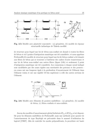 Analyse sismique num´erique d’un portique en b´eton arm´e 25
Fig. 2.5: Mod`ele avec plasticit´e concentr´ee : (a) g´eom´etrie, (b) mod`ele de r´eponse
structurelle in´elastique de Takeda modiﬁ´e.
de structure pour lequel une loi de b´eton non-conﬁn´e est donn´ee `a toutes les ﬁbres
de b´eton et o`u 5 points d’int´egration num´erique ont ´et´e consid´er´es ; et nous appelons
Perform3D 2 le mod`ele de structure pour lequel une loi de b´eton conﬁn´e a ´et´e donn´ee
aux ﬁbres de b´eton qui se trouvent `a l’int´erieur des cadres d’acier transversaux et
une loi de b´eton non-conﬁn´e aux autres ﬁbres (ﬁgure 2.6b) et seulement 2 point
d’int´egration num´erique ont ´et´e consid´er´es. Les connexions `a chaque nœud indiqu´e
sont mod´elis´ees par des zones rigides aux extr´emit´es des poteaux et des poutres :
ces zones ont une longueur ´egale `a la profondeur d’encastrement de l’´el´ement dans
l’´el´ement voisin et ont une rigidit´e 10 fois sup´erieure `a celle des autres sections de
l’´el´ement.
Fig. 2.6: Mod`ele avec ´el´ements de poutres multiﬁbres : (a) g´eom´etrie, (b) mod`ele
de b´eton, (c) ﬁbres conﬁn´es et non-conﬁn´es.
Aucun des mod`eles d’amortissement global forfaitaire C[1] et C(t)[2] n’est disponi-
ble pour les ´el´ements multiﬁbres de Perform3D, mais une m´ethode pour ajouter de
l’amortissement de type Rayleigh est pr´econis´ee dans le manuel d’utilisation du
logiciel [CSI07]. Aﬁn de contrˆoler les modes pr´epond´erants, la proc´edure est bas´ee
 