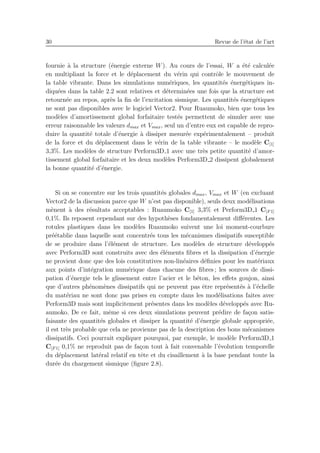 30 Revue de l’´etat de l’art
fournie `a la structure (´energie externe W). Au cours de l’essai, W a ´et´e calcul´ee
en multipliant la force et le d´eplacement du v´erin qui contrˆole le mouvement de
la table vibrante. Dans les simulations num´eriques, les quantit´es ´energ´etiques in-
diqu´ees dans la table 2.2 sont relatives et d´etermin´ees une fois que la structure est
retourn´ee au repos, apr`es la ﬁn de l’excitation sismique. Les quantit´es ´energ´etiques
ne sont pas disponibles avec le logiciel Vector2. Pour Ruaumoko, bien que tous les
mod`eles d’amortissement global forfaitaire test´es permettent de simuler avec une
erreur raisonnable les valeurs dmax et Vmax, seul un d’entre eux est capable de repro-
duire la quantit´e totale d’´energie `a dissiper mesur´ee exp´erimentalement – produit
de la force et du d´eplacement dans le v´erin de la table vibrante – le mod`ele C[1]
3,3%. Les mod`eles de structure Perform3D 1 avec une tr`es petite quantit´e d’amor-
tissement global forfaitaire et les deux mod`eles Perform3D 2 dissipent globalement
la bonne quantit´e d’´energie.
Si on se concentre sur les trois quantit´es globales dmax, Vmax et W (en excluant
Vector2 de la discussion parce que W n’est pas disponible), seuls deux mod´elisations
m`enent `a des r´esultats acceptables : Ruaumoko C[1] 3,3% et Perform3D 1 C[F 1]
0,1%. Ils reposent cependant sur des hypoth`eses fondamentalement diﬀ´erentes. Les
rotules plastiques dans les mod`eles Ruaumoko suivent une loi moment-courbure
pr´e´etablie dans laquelle sont concentr´es tous les m´ecanismes dissipatifs susceptible
de se produire dans l’´el´ement de structure. Les mod`eles de structure d´evelopp´es
avec Perform3D sont construits avec des ´el´ements ﬁbres et la dissipation d’´energie
ne provient donc que des lois constitutives non-lin´eaires d´eﬁnies pour les mat´eriaux
aux points d’int´egration num´erique dans chacune des ﬁbres ; les sources de dissi-
pation d’´energie tels le glissement entre l’acier et le b´eton, les eﬀets goujon, ainsi
que d’autres ph´enom`enes dissipatifs qui ne peuvent pas ˆetre repr´esent´es `a l’´echelle
du mat´eriau ne sont donc pas prises en compte dans les mod´elisations faites avec
Perform3D mais sont implicitement pr´esentes dans les mod`eles d´evelopp´es avec Ru-
aumoko. De ce fait, mˆeme si ces deux simulations peuvent pr´edire de fa¸con satis-
faisante des quantit´es globales et dissiper la quantit´e d’´energie globale appropri´ee,
il est tr`es probable que cela ne provienne pas de la description des bons m´ecanismes
dissipatifs. Ceci pourrait expliquer pourquoi, par exemple, le mod`ele Perform3D 1
C[F 1] 0,1% ne reproduit pas de fa¸con tout `a fait convenable l’´evolution temporelle
du d´eplacement lat´eral relatif en tˆete et du cisaillement `a la base pendant toute la
dur´ee du chargement sismique (ﬁgure 2.8).
 