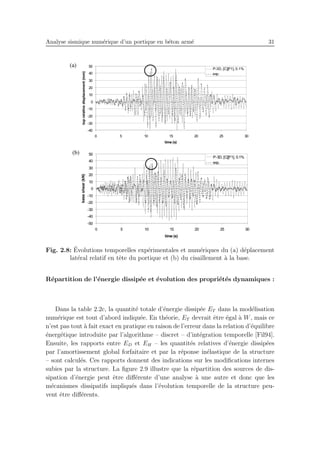 Analyse sismique num´erique d’un portique en b´eton arm´e 31
Fig. 2.8: ´Evolutions temporelles exp´erimentales et num´eriques du (a) d´eplacement
lat´eral relatif en tˆete du portique et (b) du cisaillement `a la base.
R´epartition de l’´energie dissip´ee et ´evolution des propri´et´es dynamiques :
Dans la table 2.2c, la quantit´e totale d’´energie dissip´ee ET dans la mod´elisation
num´erique est tout d’abord indiqu´ee. En th´eorie, ET devrait ˆetre ´egal `a W, mais ce
n’est pas tout `a fait exact en pratique en raison de l’erreur dans la relation d’´equilibre
´energ´etique introduite par l’algorithme – discret – d’int´egration temporelle [Fil94].
Ensuite, les rapports entre ED et EH – les quantit´es relatives d’´energie dissip´ees
par l’amortissement global forfaitaire et par la r´eponse in´elastique de la structure
– sont calcul´es. Ces rapports donnent des indications sur les modiﬁcations internes
subies par la structure. La ﬁgure 2.9 illustre que la r´epartition des sources de dis-
sipation d’´energie peut ˆetre diﬀ´erente d’une analyse `a une autre et donc que les
m´ecanismes dissipatifs impliqu´es dans l’´evolution temporelle de la structure peu-
vent ˆetre diﬀ´erents.
 