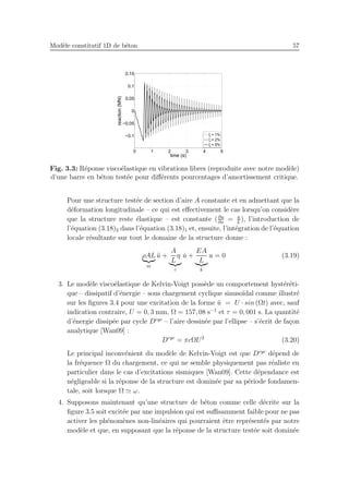 Mod`ele constitutif 1D de b´eton 57
0 1 2 3 4 5
−0.1
−0.05
0
0.05
0.1
0.15
time (s)
reaction(MN)
ξ = 1%
ξ = 2%
ξ = 5%
Fig. 3.3: R´eponse visco´elastique en vibrations libres (reproduite avec notre mod`ele)
d’une barre en b´eton test´ee pour diﬀ´erents pourcentages d’amortissement critique.
Pour une structure test´ee de section d’aire A constante et en admettant que la
d´eformation longitudinale – ce qui est eﬀectivement le cas lorsqu’on consid`ere
que la structure reste ´elastique – est constante (∂u
∂x
= u
L
), l’introduction de
l’´equation (3.18)2 dans l’´equation (3.18)1 et, ensuite, l’int´egration de l’´equation
locale r´esultante sur tout le domaine de la structure donne :
ρAL
m
¨u +
A
L
η
c
˙u +
EA
L
k
u = 0 (3.19)
3. Le mod`ele visco´elastique de Kelvin-Voigt poss`ede un comportement hyst´er´eti-
que – dissipatif d’´energie – sous chargement cyclique sinuso¨ıdal comme illustr´e
sur les ﬁgures 3.4 pour une excitation de la forme ¯u = U · sin (Ωt) avec, sauf
indication contraire, U = 0, 3 mm, Ω = 157, 08 s−1
et τ = 0, 001 s. La quantit´e
d’´energie dissip´ee par cycle Dcyc
– l’aire dessin´ee par l’ellipse – s’´ecrit de fa¸con
analytique [Wan09] :
Dcyc
= πcΩU2
(3.20)
Le principal inconv´enient du mod`ele de Kelvin-Voigt est que Dcyc
d´epend de
la fr´equence Ω du chargement, ce qui ne semble physiquement pas r´ealiste en
particulier dans le cas d’excitations sismiques [Wan09]. Cette d´ependance est
n´egligeable si la r´eponse de la structure est domin´ee par sa p´eriode fondamen-
tale, soit lorsque Ω ≃ ω.
4. Supposons maintenant qu’une structure de b´eton comme celle d´ecrite sur la
ﬁgure 3.5 soit excit´ee par une impulsion qui est suﬃsamment faible pour ne pas
activer les ph´enom`enes non-lin´eaires qui pourraient ˆetre repr´esent´es par notre
mod`ele et que, en supposant que la r´eponse de la structure test´ee soit domin´ee
 