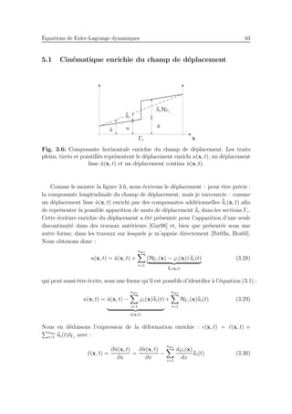 ´Equations de Euler-Lagrange dynamiques 63
5.1 Cin´ematique enrichie du champ de d´eplacement
Γi x
¯u
¯¯uiHΓi
˜u
˜¯¯ui
u
Fig. 3.6: Composante horizontale enrichie du champ de d´eplacement. Les traits
pleins, tirets et pointill´es repr´esentent le d´eplacement enrichi u(x, t), un d´eplacement
lisse ˜u(x, t) et un d´eplacement continu ¯u(x, t).
Comme le montre la ﬁgure 3.6, nous ´ecrivons le d´eplacement – pour ˆetre pr´ecis :
la composante longitudinale du champ de d´eplacement, mais je raccourcis – comme
un d´eplacement lisse ˜u(x, t) enrichi par des composantes additionnelles ˜¯¯ui(x, t) aﬁn
de repr´esenter la possible apparition de sauts de d´eplacement ¯¯ui dans les sections Γi.
Cette ´ecriture enrichie du d´eplacement a ´et´e pr´esent´ee pour l’apparition d’une seule
discontinuit´e dans des travaux ant´erieurs [Gar98] et, bien que pr´esent´ee sous une
autre forme, dans les travaux sur lesquels je m’appuie directement [Ibr03a, Bra03].
Nous obtenons donc :
u(x, t) = ˜u(x, t) +
ndis
i=1
(HΓi
(x) − ϕi(x)) ¯¯ui(t)
˜¯¯ui(x,t)
(3.28)
qui peut aussi ˆetre ´ecrite, sous une forme qu’il est possible d’identiﬁer `a l’´equation (3.1) :
u(x, t) = ˜u(x, t) −
ndis
i=1
ϕi(x)¯¯ui(t)
¯u(x,t)
+
ndis
i=1
HΓi
(x)¯¯ui(t) (3.29)
Nous en d´eduisons l’expression de la d´eformation enrichie : ǫ(x, t) = ¯ǫ(x, t) +
ndis
i=1
¯¯ui(t)δΓi
avec :
¯ǫ(x, t) =
∂¯u(x, t)
∂x
=
∂˜u(x, t)
∂x
−
ndis
i=1
dϕi(x)
dx
¯¯ui(t) (3.30)
 