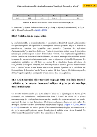 Présentation des modèles de simulation et méthodologie du couplage itératif                     Chapitre III




      0,09            1,44              1,92                1 ou 0             1               1,3

                Tableau.III. 1 Constantes utilisées dans le modèle de turbulence (      ).

La valeur de      dépend de la stratification :       = 0 si         (stratification instable), et    =1
si      (stratification stable), (Viollet, 1988).


III.3.4 Modélisation de la végétation


La végétation modifie le microclimat urbain et les conditions de confort. En outre, elle constitue
une partie intégrante des opérations d'aménagement des éco-quartiers. Ne pas la prendre en
considération    constitue   une    hypothèse       assez    grossière.   Cependant,     les   opérations
d'aménagement d'éco-quartiers choisi pour l'étude du confort sont soit en phase de conception
(cas de Lyon Confluence) soit en cours de réalisation (Tripode) où la végétation n'a pas été bien
définie. Dans le cas du quartier Bottière Chénais, les arbres aménagés sont naissants et leur
impact sur les paramètres physiques du confort reste pratiquement négligeable. Néanmoins, des
adaptations anticipées ont été faites au niveau de la simulation thermo-aéraulique du
Code_Saturne, en intégrant un terme puits dans l'équation de bilan de quantité de mouvement
dans la routine "ustsns" et des termes sources dans les deux équations de la turbulence par
l'intermédiaire de la routine "ustske" (voir la section III. 1 de l'annexe III). Précisons que, les
effets d’évapotranspiration n’ont pas été pris en compte dans ces adaptations.


III.4 Les différentes procédures de couplage entre le modèle thermo-
radiative et le modèle thermo-aéraulique et principe de couplage
itératif développé


Les modèles thermo-radiatif (ES) et les codes de calcul de la dynamique des fluides (CFD)
fournissent des informations complémentaires l'une à l'autre. En raison de la nature
complémentaire des résultats fournis par ces deux modèles, les tentatives visant à les coupler
reçoivent de plus en plus d’attention. Effectivement, plusieurs chercheurs ont exploré les
stratégies, les méthodes et les performances de ce type de couplage (Negraô et al., 1995, Zhai et
al., 2002). Leurs études ont montré que les différentes méthodes de couplage peuvent conduire à
des performances différentes en termes de précision, de stabilité et de vitesse de calcul. Ces
différentes méthodes sont présentées dans les sections ci-dessous.




                                                                                                     125
 