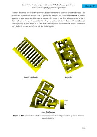 Caractérisation du confort extérieur à l'échelle des éco-quartiers et
                                                                                                        Chapitre V
                           indicateurs morphologiques de dépendance

L'impact des tours sur la durée moyenne d'ensoleillement du quartier Lyon Confluence a été
évaluée en supprimant les tours de la géométrie masque. Les résultats (Tableau V. 6) font
ressortir le rôle important joué par la hauteur des tours et par leur géométrie sur la durée
d'ensoleillement des quartiers voisins. En effet, sans les tours, la durée d'ensoleillement des trois
îlots augmente de plus de 80 % le 19/7 soit 4h00 de plus d'ensoleillement. Pour la journée du
30/7, la durée est accrue de 72 % soit 3h20min de plus.




                Bottiére Chènaie                                          Tripode




                                         Lyon Confluence

  Figure V. 12 Représentation de la durée moyenne d'ensoleillement pour les trois quartiers durant la
                                          journée du 19/07.




                                                                                                   209
 