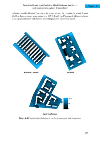 Caractérisation du confort extérieur à l'échelle des éco-quartiers et
                                                                                                   Chapitre V
                           indicateurs morphologiques de dépendance

réduisant considérablement l'ouverture du projet au ciel. En revanche, le projet Tripode
bénéficie d’une ouverture assez grande avec 41,5 % de ciel vue. L'absence de bâtiment mitoyen
et les espacements entre les bâtiments rendent la géométrie plus ouverte au ciel.




                Bottiére Chènaie                                          Tripode




                                         Lyon Confluence

         Figure V. 13 Représentation du facteur de vue du ciel moyen pour les trois quartiers.




                                                                                                 211
 