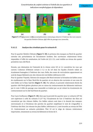 Caractérisation du confort extérieur à l'échelle des éco-quartiers et
                                                                                                       Chapitre V
                            indicateurs morphologiques de dépendance




              (a)                                (b)                                  (c)
 Figure V. 17 (a) premier et (b) second phénomène cinématique observé à l'intérieur des rues canyons
                    du quartier Bottière Chénaie. (c) l'effet de passage sous immeuble.




V.4.1.2         Analyse des résultats pour le scénario B


Pour le quartier Bottière Chénaie (Figure V. 18), la présence des masques au Nord du quartier
entraîne des perturbations de l'écoulement incident. Des survitesses relativement fortes
imputables à l'effet de canalisation, de l'ordre de 2,2 à 3,1, sont visibles au niveau des quatre
premières rues côté Nord.


Ensuite, une diminution de l'intensité de la vitesse entre 0,5 et 1,1 caractérise les rues qui
suivent. L'absence d'élément sortant à 1,1 m du sol dans les façades d'entrée induit un
écoulement homogène à l'intérieur des rues. Enfin, des zones de recirculation apparaissent en
aval de chaque bâtiment avec des vitesses de vent faibles inférieures à 0,5.
Pour le quartier Tripode, l'absence de masques côté Nord entraine la formation de faibles zones
de cisaillements sur le flanc Nord-Est du quartier où on observe des surventes et une zone de
vent faible sur le flanc Sud-Est (Figure V. 18). Par ailleurs, la porosité relativement élevée du
quartier côté Nord génère plusieurs jets en raison du contournement des bâtiments intérieurs
par le vent. L'effet de passage sous immeuble se traduit par un jet reliant les écoulements de
contournement sur le côté Sud-Ouest du quartier.


Pour Lyon Confluence (Figure V. 18), bien que la porosité du quartier pour ce scénario (29 %)
soit supérieure à celle du scénario A (17 %), l'écoulement de l'air à l'intérieur des îlots est
caractérisé par des vitesses faibles. Ces faibles valeurs sont dues à la densité des masques
environnants et à l'étroitesse des percées du quartier empêchant le vent de s'engouffrer à
l'intérieur des îlots. Les vitesses les plus faibles, inférieures à 1, sont trouvées au niveau de l'îlot
11. Contrairement au scénario précédent, l'îlot 12 est le siège de vitesses relativement
importantes, notamment au niveau du bâtiment en forme de U.




                                                                                                   219
 