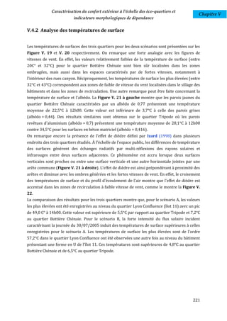 Caractérisation du confort extérieur à l'échelle des éco-quartiers et
                                                                                                   Chapitre V
                          indicateurs morphologiques de dépendance

V.4.2 Analyse des températures de surface


Les températures de surfaces des trois quartiers pour les deux scénarios sont présentées sur les
Figure V. 19 et V. 20 respectivement. On remarque une forte analogie avec les figures de
vitesses de vent. En effet, les valeurs relativement faibles de la température de surface (entre
20C° et 32°C) pour le quartier Bottière Chénaie sont bien sûr localisées dans les zones
ombragées, mais aussi dans les espaces caractérisés par de fortes vitesses, notamment à
l'intérieur des rues canyon. Réciproquement, les températures de surface les plus élevées (entre
32°C et 43°C) correspondent aux zones de faible de vitesse du vent localisées dans le sillage des
bâtiments et dans les zones de recirculation. Une autre remarque peut être faite concernant la
température de surface et l'albédo. La Figure V. 21 à gauche montre que les parois jaunes du
quartier Bottière Chénaie caractérisées par un albédo de 0,77 présentent une température
moyenne de 22,5°C à 12h00. Cette valeur est inférieure de 3,7°C à celle des parois grises
(albédo = 0,44). Des résultats similaires sont obtenus sur le quartier Tripode où les parois
revêtues d'aluminium (albédo = 0,7) présentent une température moyenne de 28,1°C à 12h00
contre 34,5°C pour les surfaces en béton matriciel (albédo = 0,416).
On remarque encore la présence de l'effet de dièdre défini par Izard (1998) dans plusieurs
endroits des trois quartiers étudiés. À l'échelle de l'espace public, les différences de température
des surfaces génèrent des échanges radiatifs par multi-réflexions des rayons solaires et
infrarouges entre deux surfaces adjacentes. Ce phénomène est accru lorsque deux surfaces
verticales sont proches ou entre une surface verticale et une autre horizontale jointes par une
arête commune (Figure V. 21 à droite). L'effet de dièdre est ainsi prépondérant à proximité des
arêtes et diminue avec les ombres générées et les fortes vitesses de vent. En effet, le croisement
des températures de surface et du profil d'écoulement de l'air montre que l'effet de dièdre est
accentué dans les zones de recirculation à faible vitesse de vent, comme le montre la Figure V.
22.
La comparaison des résultats pour les trois quartiers montre que, pour le scénario A, les valeurs
les plus élevées ont été enregistrées au niveau du quartier Lyon Confluence (îlot 11) avec un pic
de 49,0 C° à 14h00. Cette valeur est supérieure de 5,5°C par rapport au quartier Tripode et 7,2°C
au quartier Bottière Chénaie. Pour le scénario B, la forte intensité du flux solaire incident
caractérisant la journée du 30/07/2005 induit des températures de surface supérieures à celles
enregistrées pour le scénario A. Les températures de surface les plus élevées sont de l'ordre
57,2°C dans le quartier Lyon Confluence ont été observées une autre fois au niveau du bâtiment
présentant une forme en U de l'îlot 11. Ces températures sont supérieures de 4,8°C au quartier
Bottière Chénaie et de 6,5°C au quartier Tripode.




                                                                                               221
 