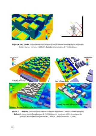 Figure V. 21 A gauche: Différence de température entre une paroi jaune et une paroi grise du quartier
          Bottière Chénaie (scénario B à 12h00). A droite : Schématisation de l'effet de dièdre.




Figure V. 22 En haut : Visualisation de l'effet de dièdre dans les quartiers : Bottière Chénaie et Tripode.
   En bas : Croisement entre l'emplacement de l'effet de dièdre et les vitesses faibles du vent pour les
           quartiers : Bottière Chénaie (Scénario A à 12h00) et Tripode (scénario A à 14h00).




224
 