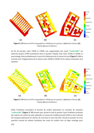 (a)                              (b)                                        (c)

   Figure V. 33 Valeurs de PET cartographiées à 14h00 pour les quartiers : (a) Bottière Chénaie, (b)
                                    Tripode, (c) Lyon Confluence.


En fin de journée, entre 19h00 et 23h00, une augmentation des zones "confortable" est
observée jusqu'à 21h00 notamment dans le quartier Tripode. Puis entre 21h00 et 22h00, ce
pourcentage chute probablement à cause de la diminution de la vitesse de vent (Figure V. 14) et
remonte avec l’augmentation de la vitesse entre 22h00 et 23h00 où les valeurs maximales sont
atteintes.




             (a)                               (b)                                         (c)

   Figure V. 34 Valeurs de PET cartographiées à 19h00 pour les quartiers : (a) Bottière Chénaie, (b)
                                    Tripode, (c) Lyon Confluence.



Enfin, l'évolution journalière la fraction de surface présentant un caractère de sensation
"confortable" (Figure V. 35) montre que, durant la nuit le quartier Lyon Confluence présente
des valeurs de confort les plus optimales en raison de la faible porosité (29%) et de la densité
des masques diminuant les vitesses de vent dans le cœur des îlots. Durant la journée, les trois
quartiers suivent les mêmes évolutions des zones de confort avec un léger avantage pour

236
 