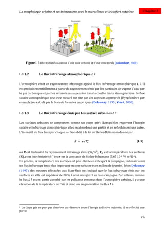La morphologie urbaine et ses interactions avec le microclimat et le confort extérieur                  Chapitre I




     Figure I. 3 Flux radiatif au-dessus d’une zone urbaine et d’une zone rurale (Colombert, 2008).


I.3.1.2         Le flux infrarouge atmosphérique

L'atmosphère émet un rayonnement infrarouge appelé le flux infrarouge atmosphérique                   . Il
est produit essentiellement à partir du rayonnement émis par les particules de vapeur d'eau, par
le gaz carbonique et par les aérosols en suspension dans la couche limite atmosphérique. Le flux
solaire atmosphérique peut être mesuré sur site par des capteurs appropriés (Pyrgéomètre par
exemple) ou calculé par le biais de formules empiriques (Delaunay, 1995 ; Vinet, 2000).


I.3.1.3         Le flux infrarouge émis par les surface urbaines

Les surfaces urbaines se comportent comme un corps gris5. Lorsqu'elles reçoivent l'énergie
solaire et infrarouge atmosphérique, elles en absorbent une partie et en réfléchissent une autre.
L'intensité du flux émis par chaque surface obéit à la loi de Stefan-Boltzmann donné par


                                                                                                  (I. 5)


où R est l'intensité du rayonnement infrarouge émis (W/m²),           est la température des surfaces
(K), est leur émissivité (-) et    est la constante de Stefan-Boltzmann (5,67 10-8 W m-2K-4).
En général, la température des surfaces est plus élevée en ville qu'à la campagne, induisant ainsi
un flux infrarouge émis plus important en zone urbaine et en milieu de journée. Selon Delaunay
(1995), des mesures effectuées aux Etats-Unis ont indiqué que le flux infrarouge émis par les
surfaces en ville est supérieur de 20 % à celui enregistré en rase campagne. Par ailleurs, comme
le flux    est en partie absorbé par les polluants contenus dans l'atmosphère urbaine, il y a une
élévation de la température de l'air et donc une augmentation du flux          .




5Un corps gris ne peut pas absorber ou réémettre toute l'énergie radiative incidente, il en réfléchit une
partie.

                                                                                                      25
 