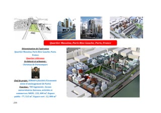 Quartier Masséna, Paris Rive Gauche, Paris, France

         Dénomination de l'opération
Quartier Masséna, Paris Rive Gauche. Paris.
                    France
              Quartier référence
            Architecte et urbaniste :
           Christian de Portzamparc




Chef de projet : SEMAPA (Société d'économie
       mixte d'aménagement de Paris)
       Fonction : 785 logements ; locaux
      universitaires, bureaux, activités et
  commerces. SHON : 235, 000 m². Espace
public : 77, 515 m². Espace vert : 12, 000 m²

259
 