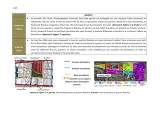 260


                                                                                 Analyse
                Le nouvelle ZAC (Zone d'Aménagement Concerté) Paris Rive gauche est aménagée sur une ancienne friche ferroviaire et
                 industrielle. Elle est située à 4 Km du centre-ville de Paris. Le périmètre urbain du quartier s'étend de la Gare d'Austerlitz au
Contexte         boulevard Masséna, longeant la Seine d'un côté et bordant la rue du Chevaleret de l'autre (Annexe II. Figure. 2 à droite). Il est
 urbain          divisé en trois quartiers : Austerlitz, Tolbiac et Masséna. Ce dernier, qui fait l'objet d'analyse, est délimité par la Seine au Nord-
                 Est et l'avenue de France au Sud-Ouest (au-dessus des voies ferrées), le boulevard Masséna au Sud-Est et la rue Neuve-Tolbiac au
                 Nord-Ouest (Annexe II. Figure. 2 à gauche).

                Le tracé des différentes voies composant le tissu du quartier Masséna est majoritairement régulier. Deux principaux axes Sud-
                 Est et Nord-Ouest (Quai Panhard et l’avenue de France) structurent le quartier et jouent un rôle de liaison inter-quartiers. Les
 Voies et        voies secondaires aménagées à l'intérieur du tissu sont réservées essentiellement aux riverains et jouent un rôle de desserte
  tracé          entre les différents îlots du quartier. Ce réseau secondaire a été complété par une nouvelle voie permettant de relier la
                 circulation entre le quai Panhard et l’avenue de France.



                                                                   Avenues principales


                                                                  Avenues secondaires


                                                                     Rues secondaires
                                                               Nouvelle rue secondaire
                                                          reliant les deux principales
                                                                    avenues



                Annexe II. Figure. 2 A gauche: Plan de déplacement du quartier Masséna. A Droite : Plan de situation du quartier Masséna.
 