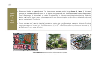 262



            Le quartier Masséna est organisé autour d'un espace central, aménagé en place verte (Annexe II. Figure. 4). Cette place
  Espace      constitue un point d'articulation du projet est un vide qui contraste avec la forte densité du plein qui l'entoure. Au niveau des
  public      îlots, la discontinuité du bâti multiplie les espaces libres dans l'îlot, les vides sont essentiellement constitués par des jardins
              publics et privés. Les limites espaces publics/espaces privés sont clairement établies par des clôtures végétales. Leur diversité
      /
              permet une multiplicité d’ambiances.
  espace
  privé
            Notons aussi que dans le quartier Masséna, la surface des espaces vides reste dominée par le plein des bâtiments. En effet, le
              quartier est caractérisé par une forte densité d'occupation du sol (0,7) et des bâtiments élevés verticalement. Ce constat est dû
              probablement à la forte valeur du foncier.




                                      Annexe II. Figure. 4 Plusieurs vues sur la place centrale du quartier.
 