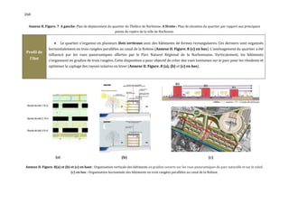 268


  Annexe II. Figure. 7 A gauche: Plan de déplacement du quartier du Théâtre de Narbonne. A Droite : Plan de situation du quartier par rapport aux principaux
                                                              points de repère de la ville de Narbonne.


                         Le quartier s'organise en plusieurs îlots verticaux avec des bâtiments de formes rectangulaires. Ces derniers sont organisés
               horizontalement en trois rangées parallèles au canal de la Robine (Annexe II. Figure. 8 (c) en bas). L'aménagement du quartier a été
Profil de
               influencé par les vues panoramiques offertes par le Parc Naturel Régional de la Narbonnaise. Verticalement, les bâtiments
  l'îlot       s'organisent en gradins de trois rangées. Cette disposition a pour objectif de créer des vues lointaines sur le parc pour les résidents et
               optimiser le captage des rayons solaires en hiver (Annexe II. Figure. 8 (a), (b) et (c) en bas).




                    (a)                                            (b)                                                         (c)

Annexe II. Figure. 8(a) et (b) et (c) en haut : Organisation verticale des bâtiments en gradins ouverts sur les vues panoramiques du parc naturelle et sur le soleil.
                                (c) en bas : Organisation horizontale des bâtiments en trois rangées parallèles au canal de la Robine.
 