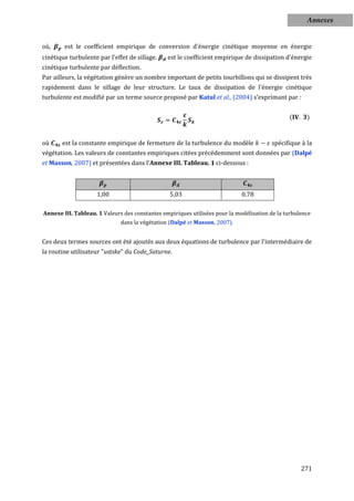 Annexes


où,     est le coefficient empirique de conversion d'énergie cinétique moyenne en énergie
cinétique turbulente par l'effet de sillage.    est le coefficient empirique de dissipation d'énergie
cinétique turbulente par déflection.
Par ailleurs, la végétation génère un nombre important de petits tourbillons qui se dissipent très
rapidement dans le sillage de leur structure. Le taux de dissipation de l'énergie cinétique
turbulente est modifié par un terme source proposé par Katul et al., (2004) s’exprimant par :


                                                                                               (      )


où     est la constante empirique de fermeture de la turbulence du modèle               spécifique à la
végétation. Les valeurs de constantes empiriques citées précédemment sont données par (Dalpé
et Masson, 2007) et présentées dans l'Annexe III. Tableau. 1 ci-dessous :



                     1,00                        5,03                        0,78

Annexe III. Tableau. 1 Valeurs des constantes empiriques utilisées pour la modélisation de la turbulence
                              dans la végétation (Dalpé et Masson, 2007).


Ces deux termes sources ont été ajoutés aux deux équations de turbulence par l'intermédiaire de
la routine utilisateur "ustske" du Code_Saturne.




                                                                                                    271
 