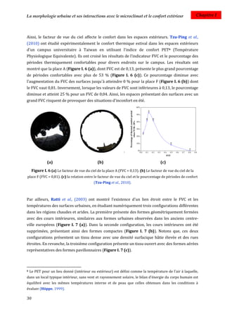 La morphologie urbaine et ses interactions avec le microclimat et le confort extérieur                           Chapitre I



Ainsi, le facteur de vue du ciel affecte le confort dans les espaces extérieurs. Tzu-Ping et al.,
(2010) ont étudié expérimentalement le confort thermique estival dans les espaces extérieurs
d'un campus universitaire à Taiwan en utilisant l'indice de confort PET6 (Température
Physiologique Equivalente). Ils ont croisé les résultats de l'indicateur FVC et le pourcentage des
périodes thermiquement confortables pour divers endroits sur le campus. Les résultats ont
montré que la place A (Figure I. 6 (a)), dont FVC est de 0,13, présente le plus grand pourcentage
de périodes confortables avec plus de 53 % (Figure I. 6 (c)). Ce pourcentage diminue avec
l'augmentation du FVC des surfaces jusqu'à atteindre 0 % pour la place F (Figure I. 6 (b)) dont
le FVC vaut 0,81. Inversement, lorsque les valeurs de FVC sont inférieures à 0,13, le pourcentage
diminue et atteint 25 % pour un FVC de 0,04. Ainsi, les espaces présentant des surfaces avec un
grand FVC risquent de provoquer des situations d'inconfort en été.




               (a)                             (b)                                      (c)

     Figure I. 6 (a) Le facteur de vue du ciel de la place A (FVC = 0,13). (b) Le facteur de vue du ciel de la
place F (FVC = 0,81). (c) la relation entre le facteur de vue du ciel et le pourcentage de périodes de confort
                                             (Tzu-Ping et al., 2010).



Par ailleurs, Ratti et al., (2003) ont montré l'existence d'un lien étroit entre le FVC et les
températures des surfaces urbaines, en étudiant numériquement trois configurations différentes
dans les régions chaudes et arides. La première présente des formes géométriquement fermées
avec des cours intérieures, similaires aux formes urbaines observées dans les anciens centre-
ville européens (Figure I. 7 (a)). Dans la seconde configuration, les cours intérieures ont été
supprimées, présentant ainsi des formes compactes (Figure I. 7 (b)). Notons que, ces deux
configurations présentent un tissu dense avec une densité surfacique bâtie élevée et des rues
étroites. En revanche, la troisième configuration présente un tissu ouvert avec des formes aérées
représentatives des formes pavillonnaires (Figure I. 7 (c)).



6   Le PET pour un lieu donné (intérieur ou extérieur) est défini comme la température de l'air à laquelle,
dans un local typique intérieur, sans vent et rayonnement solaire, le bilan d'énergie du corps humain est
équilibré avec les mêmes températures interne et de peau que celles obtenues dans les conditions à
évaluer (Höppe, 1999).

30
 