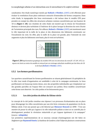 La morphologie urbaine et ses interactions avec le microclimat et le confort extérieur                    Chapitre I


canalisation. Une étude numérique menée par Kofoed et Fleisher, (2005) a été effectuée pour
évaluer la ventilation d'une place intérieure entourée d'immeubles de formes compactes. Dans
cette étude, la topographie des lieux environnants a été incluse dans le modèle CFD pour
prendre en compte les effets des structures urbaines voisines caractérisées par une hauteur de
18 m (Figure I. 28). Les résultats de cette étude ont montré que la vitesse de l’écoulement
diminue et devient plus turbulente à l'intérieur de la place lorsque la direction du vent s’écarte
de l’orientation principale des rues. Par ailleurs, Kofoed et Fleisher (2005) ont mentionné aussi
le rôle important de la taille de la place et des dimensions des bâtiments avoisinants sur
l'écoulement du vent. En effet, plus la taille de la place est grande, plus l'intensité du vent
augmente et plus les bâtiments sont hauts, plus le vent est turbulent.




 Figure I. 28 Représentation graphique du modèle CFD avec les directions du vent (0°, 15°,30°, 45°). Le
square est situé au centre du modèle et entouré par un voisinage suburbain modélisé par des blocs de 18
                                 m de haut (Kofoed et Fleisher, 2005).


I.5.2 Les formes pavillonnaires


Les quartiers caractérisant les formes pavillonnaires se situent généralement à la périphérie de
la ville. Leur mode d'organisation est semblable à celui de la campagne avoisinante. Le tissu
pavillonnaire est beaucoup moins dense, avec des propriétés individuelles qui s’implantent sur
des grandes parcelles où l’espace libre est consacré aux jardins. Deux modèles caractérisant
cette forme sont observés : les cités jardins et les lotissements parcs.


I.5.2.1         Les cités jardins du début du XXème siècle

Le concept de la cité jardin constitue une réponse à un processus d’urbanisation mis en place
pour désengorger les villes caractérisées par une très forte croissance de population à la fin du
XIXème siècle. C'est une pensée qui a été théorisé par Ebenezer Howard en 1898 : "C'est une
manière de penser la ville qui s'oppose à la ville industrielle polluée et dont on ne contrôle plus le
développement pendant la révolution industrielle et qui s'oppose également à la campagne"
(source : wikipédia)
Les premières expérimentations de ce nouveau concept d'aménagement ont été faites en
Angleterre par Raymond Unwin. La banlieue de Londres a fait l'objet de plusieurs constructions



52
 