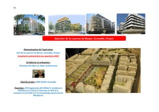 78




                                            Quartier de la caserne de Bonne. Grenoble, France



            Dénomination de l'opération
     ZAC de la Caserne de Bonne, Grenoble, France
      Grand prix national des éco-quartiers 2009


              Architecte et urbaniste :
       Christian Devillers et Aktis Architecture




        Chef de projet : SEM SAGES, Grenoble

 Fonction : 850 logements (85 000m²), résidences
   hôtelières (2 550 m²), bureaux (6 400 m²),
commerces (16 600 m²) et un parking souterrain de
                   480 places.
 