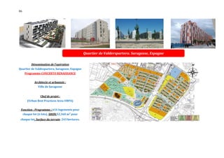86




                                                 Quartier de Valderspartera. Saragosse, Espagne

           Dénomination de l'opération
Quartier de Valdespartera, Saragosse, Espagne
      Programme CONCERTO RENAISSANCE


             Architecte et urbaniste :
                Ville de Saragosse


                 Chef de projet :
        (Urban Best Practices Area-UBPA)


 Fonction : Programme : 616 logements pour
     chaque lot (6 lots), SHON:52,360 m² pour
 chaque lot, Surface du terrain: 243 hectares.
 
