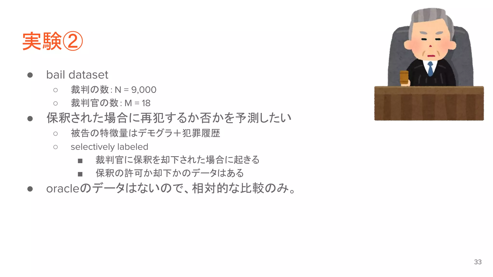 実験②
● bail dataset
○ 裁判の数：N = 9,000
○ 裁判官の数：M = 18
● 保釈された場合に再犯するか否かを予測したい
○ 被告の特徴量はデモグラ＋犯罪履歴
○ selectively labeled
■ 裁判官に保釈を却下された場合に起きる
■ 保釈の許可か却下かのデータはある
● oracleのデータはないので、相対的な比較のみ。
33
 
