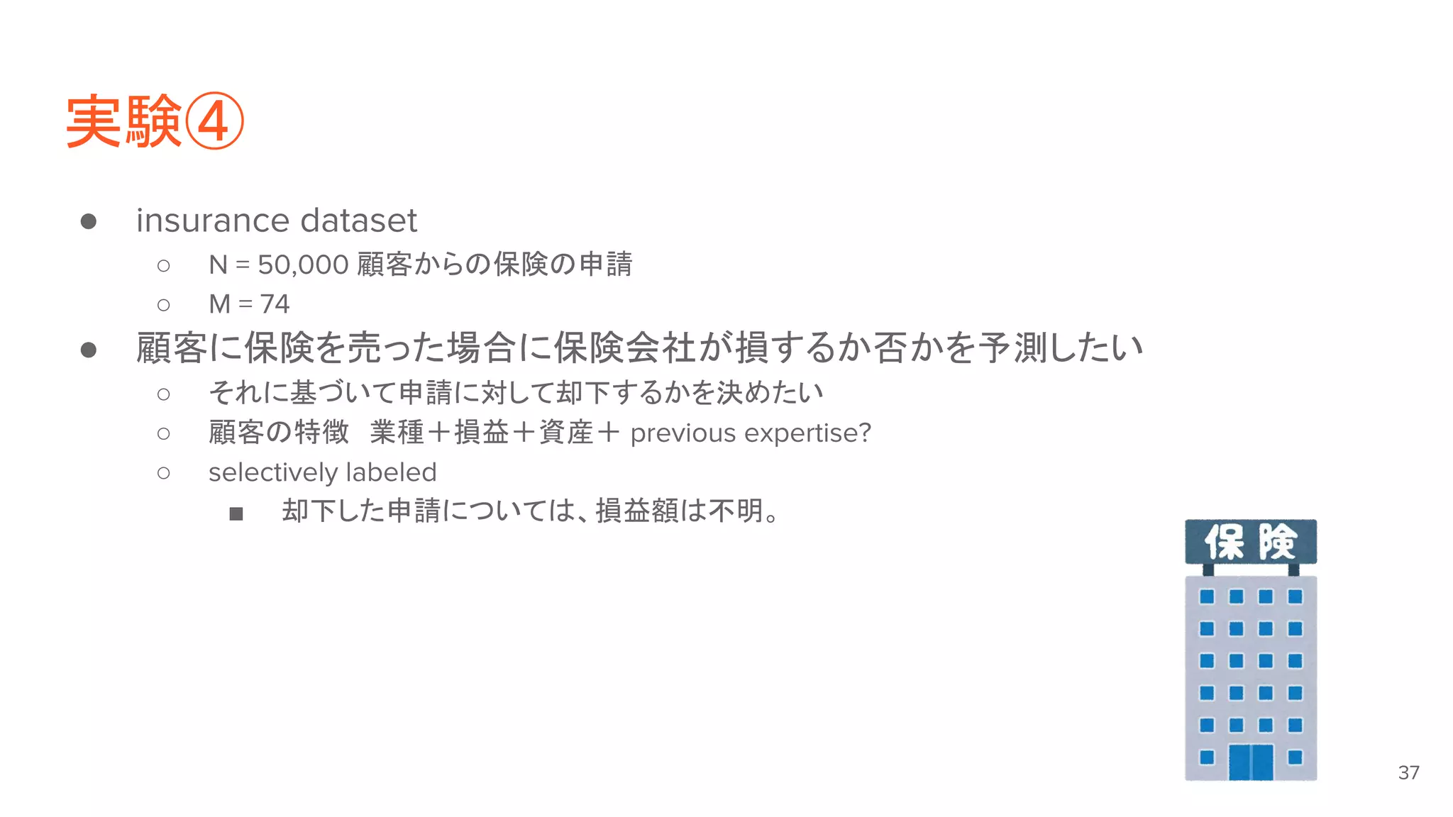 実験④
● insurance dataset
○ N = 50,000 顧客からの保険の申請
○ M = 74
● 顧客に保険を売った場合に保険会社が損するか否かを予測したい
○ それに基づいて申請に対して却下するかを決めたい
○ 顧客の特徴　業種＋損益＋資産＋ previous expertise?
○ selectively labeled
■ 却下した申請については、損益額は不明。
37
 
