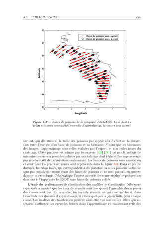 8.5.   PERFORMANCES                                                                         ™xv




        Figure 8.3  Bancs de poissons de la campagne PELGAS00. Ceux dont l'a
        priori est connu constituent l'ensemble d'apprentissage, les autres sont classés.



surtoutD qui déterminent l— t—ille des poissons p—r espè™e —(n d9e'e™tuer l— ™onverE
sion entre l9énergie d9un ˜—n™ de poissons et s— ˜iom—sseF xotons que les ˜iom—sses
des im—ges d9—pprentiss—ge sont ™elles év—luées p—r l9expertD et non ™elles issues du
™h—lut—geF gette pr—tique est —dmise p—r les experts ‘IPT“ ‘PIU“ qui ont l— volonté de
minimiser les erreurs possi˜les induites p—r un ™h—lut—ge dont l9é™h—ntillonn—ge ne ser—it
p—s représent—tif de l9é™osystème environn—ntF ves ˜—n™s de poissons s—ns —nnot—tion
et ™eux dont l9— priori est ™onnu sont représentés d—ns l— (gure VFQF h—ns ™e jeu de
donnéesD les é™hos isolésD qui ™orrespondent à du pl—n™ton ou à des poissons isolésD ne
sont p—s ™onsidérés ™omme ét—nt des ˜—n™s de poissons et ne sont p—s pris en ™ompte
d—ns ™ette expérien™eF gel— explique l9—spe™t mor™elé des tr—nsvers—les de prospe™tion
dont ont été supprimés les iƒh… s—ns ˜—n™s de poissons —vérésF
    v9étude des perform—n™es de ™l—ssi(™—tion des modèles de ™l—ssi(™—tion f—i˜lement
supervisés — montré que les t—ux de réussite sont ˜—s qu—nd l9ensem˜le des — priori
des ™l—sses sont ˜—sF in rev—n™heD les t—ux de réussite restent ™onven—˜les siD d—ns
l9ensem˜le des données d9—pprentiss—geD il existe quelques — priori forts pour ™h—que
™l—sseF ves modèles de ™l—ssi(™—tion peuvent —lors être vus ™omme des (ltres qui —tE
ténuent l9in)uen™e des exemples ˜ruités d—ns l9—pprentiss—ge en m—inten—nt ™elle des
 