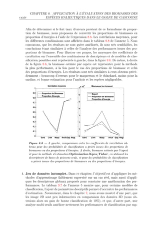 CHAPITRE 8.       APPLICATION À L'ÉVALUATION DES BIOMASSES DES

™xxiv                ESPÈCES HALIEUTIQUES DANS LE GOLFE DE GASCOGNE




      e(n de déterminer si le fort t—ux d9erreurs provient de ™e form—lisme de proporE
      tion de ˜iom—sseD nous proposons de ™onvertir les proportions de ˜iom—sses en
      proportion d9énergies à l9—ide de l9expression VFTF ves ™orrél—tions moyennesD pour
      les di'érentes ™om˜in—isons sont —0™hées d—ns le t—˜le—u WFV de l9—nnexe SF xous
      ™onst—tonsD que les résult—ts ne sont guère —méliorésD ils sont très sem˜l—˜lesD les
      ™on™lusions ét—nt simil—ires à ™elles de l9—n—lyse des perform—n™es issues des proE
      portions de ˜iom—sseF €our illustrer ™es proposD les moyennes des ™oe0™ients de
      ™orrél—tion sur l9ensem˜le des ™om˜in—isons de des™ripteurs et de modèles de ™l—sE
      si(™—tion possi˜les sont représentés à g—u™heD d—ns l— (gure VFTF he mêmeD à droite
      de l— (gure VFTD l— ˜iom—sse estimée p—r espè™e est représentée pour l— méthode
      l— plus perform—nteD à l— fois pour le ™—s des proportions de ˜iom—sse et ™elui
      des proportions d9énergiesF ves résult—ts sont très simil—ires à ™eux o˜tenus pré™éE
      demment X ˜e—u™oup d9erreurs pour le m—quere—u et le ™hin™h—rdD moins pour l—
      s—rdineD et ˜onne estim—tion pour l9—n™hois et les espè™es néglige—˜lesF




        Figure 8.6     A gauche, comparaison entre les coecients de corrélation ob-
        tenus pour des probabilités de classication a priori issues des proportions de
        biomasses ou des proportions d'énergies. A droite, biomasse estimée par l'expert
        et pour la méthode d'estimation Optimisation Kpca/Fisher, en utilisant les
        descripteurs de bancs de poissons seuls, et pour des probabilités de classication
          a priori issues des proportions de biomasses ou des proportions d'énergies.


 RF   Jeu de données incomplet. h—ns ™e ™h—pitreD l9o˜je™tif est d9—ppliquer les méE
      thodes d9—pprentiss—ge f—i˜lement supervisé sur un ™—s réelD m—is —ussi d9—ppliE
      quer les des™ripteurs glo˜—ux proposés pour ™onst—ter une —mélior—tion des perE
      form—n™esF ve t—˜le—u WFU de l9—nnexe S montre queD pour ™ert—ins modèles de
      ™l—ssi(™—tionD l9—jout de p—r—mètres des™riptifs permet d9—™™roitre les perform—n™es
      d9estim—tionF xot—mmentD d—ns le ™h—pitre UD nous —vons montré d9une p—rtD que
      les im—ge Ph sont peu inform—tives en ™omp—r—ison des données Qh @nous o˜E
      tenions —lors un g—in de ˜onne ™l—ssi(™—tion de IH7AD et queD d9—utre p—rtD une
      —n—lyse multi seuils —méliore nettement les perform—n™es de ™l—ssi(™—tion p—r r—pE
 