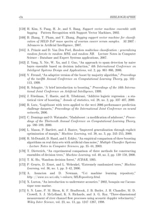 ™lx                                                                   BIBLIOGRAPHIE




‘ISW“ rF uimD ƒF €—ngD rF teD —nd ƒF f—ngD ƒupport ve™tor m—™hine ensem˜le with
      ˜—ggingF €—ttern ‚e™ognition with ƒupport †e™tor w—™hinesD PHHPF
‘ITH“ fF h—ngD „F €h—mD —nd ‰F h—ngD f—gging support ve™tor m—™hine for ™l—ssi(E
      ™—tion of ƒivhE„op m—ss spe™tr— of ov—ri—n ™—n™er serum s—mplesF es PHHU X
      edv—n™es in erti(™i—l sntelligen™eD PHHUF
‘ITI“ eF €rinzie —nd hF †—n hen €oelD ‚—ndom multi™l—ss ™l—ssi(™—tion X gener—lizing
      r—ndom forests to r—ndom wxv —nd r—ndom xfF ve™ture xotes in gomputer
      ƒ™ien™e E h—t—˜—se —nd ixpert ƒystems —ppli™—tionsD PHHUF
‘ITP“ F ‰—ngD ˆF xieD ‡F ˆuD —nd tF quoD en —ppro—™h to sp—m dete™tion ˜y n—ive
      ˜—yes ensem˜le ˜—sed on de™ision indu™tionD Tth sntern—tion—l gonferen™e on
      snteligent ƒystems hesign —nd eppli™—tionsD volF PD ppF VTI!VTTD PHHTF
‘ITQ“ ‰F preundD en —d—ptive version of the ˜oost ˜y m—jority —lgorithmD €ro™eedings
      of the twelfth ennu—l gonferen™e on gomput—tion—l ve—rning „heoryD ppF IHP!
      IIQD IWWWF
‘ITR“ ‚F ƒ™h—pireD e ˜rief introdu™tion to ˜oostingD €ro™eedings of the ITth sntern—E
      tion—l toint gonferen™e on erti(™i—l sntelligen™eD IWWWF
‘ITS“ tF priedm—nD „F r—stieD —nd ‚F „i˜shir—niD edditive logisti™ regression X — st—E
      tisti™—l view of ˜oostingD enn—ls of st—tisti™sD volF PVD noF PD ppF QQU!RHUD PHHHF
‘ITT“ ‚F vutzD vogit˜oost with trees —pplied to the w™™i PHHT perform—n™e predi™tion
      ™h—llenge d—t—setsD €ro™eedings of the sntern—tion—l toint gonferen™e on neur—l
      networksD PHHTF
‘ITU“ gF homingo —nd yF ‡—t—n—˜eD w—d—˜oost X — modi(™—tion of —d—˜oostD €ro™eeE
      dings of the „hirteenth ennu—l gonferen™e on gomput—tion—l ve—rning „heoryD
      ppF IVH!IVWD PHHHF
‘ITV“ vF w—sonD €F f—rtlettD —nd tF f—xterD smproved gener—liz—tion through expli™it
      optimiz—tion of m—rginD w—™hine ve—rningD volF QVD noF QD ppF PRQ!PSSD PHHHF
‘ITW“ ‚F w™hon—ldD hF r—ndD —nd sF i™kleyD en empiri™—l ™omp—rison of three ˜oosting
      —lgorithms on re—l d—t— sets with —rti(™i—l ™l—ss noiseD wultiple gl—ssi(er ƒystems
      E ve™ture xotes in gomputer ƒ™ien™esD ppF QS!RRD PHHQF
‘IUH“ „F hietteri™hD en experiment—l ™omp—rison of three methods for ™onstru™ting
      ensem˜les of de™ision treesD w—™hine ve—rningD volF RHD noF PD ppF IQW!ISVD PHHHF
‘IUI“ „F uF roD ‚—ndom de™ision forestD sghe‚D IWWSF
‘IUP“ €F qeurtsD hF irnstD —nd vF ‡ehenkelD ixtremely r—ndomized treesD w—™hine
      ve—rningD volF QTD noF ID ppF Q!RPD PHHTF
‘IUQ“ eF esun™ion —nd hF xewm—nD …™i m—™hine                     le—rning   repositoryD
      http XGGwwwFi™sFu™iFeduG∼mle—rnGwv‚epositoryFhtmlF
‘IUR“ ˆF vurtonD en introdu™tion to underw—ter —™ousti™sF PHHPD ˜ouquin sur l9—™ousE
      tique sous m—rineF
‘IUS“ ƒF xF v—neD €F wF fironD uF pF fr—d˜rookD tF fF futlerD tF rF gh—ndlerD wF hF
      growellD ƒF tF w™vell—ndD uF ƒF ‚i™h—rdsD —nd eF qF ‚oyD „hreeEdimension—l
      me—surement of river ™h—nnel )ow pro™esses using —™ousti™ doppler velo™imetryD
      ‡iley snter ƒ™ien™eD volF PQD noF IQD ppF IPRU!IPTUD IWWVF
 