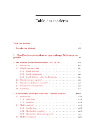 Table des matières



Table des matières                                                                        v

1 Introduction générale                                                                 vii

I Classication automatique et apprentissage faiblement su-
pervisé                                                     xi
2 Les modèles de classication usuels : état de l'art                                   xiii
   PFI   sntrodu™tion F F F F F F F F F F F F F F F F F F F F F F F F F F F F F F F F F xiii
   PFP   gl—ssi(™—tion supervisée F F F F F F F F F F F F F F F F F F F F F F F F F F xiv
         PFPFI   wodèle génér—tif F F F F F F F F F F F F F F F F F F F F F F F F F F    xv
         PFPFP   wodèle dis™rimin—nt F F F F F F F F F F F F F F F F F F F F F F F F xvi
         PFPFQ   wodèle hy˜ride X —r˜res de ™l—ssi(™—tion F F F F F F F F F F F F F xix
   PFQ   gl—ssi(™—tion non supervisée F F F F F F F F F F F F F F F F F F F F F F F F xxi
   PFR   gl—ssi(™—tion f—i˜lement supervisée F F F F F F F F F F F F F F F F F F F F xxii
   PFS   gl—ssi(™—tion semiEsupervisée F F F F F F F F F F F F F F F F F F F F F F F xxiii
   PFT   gon™lusion F F F F F F F F F F F F F F F F F F F F F F F F F F F F F F F F F F xxvi

3 Classication faiblement supervisée : modèles proposés                             xxvii
   QFI   sntrodu™tion F F F F F F F F F F F F F F F F F F F F F F F F F F F F F F F F F xxvii
         QFIFI   qénér—lités F F F F F F F F F F F F F F F F F F F F F F F F F F F F F xxvii
         QFIFP   xot—tions F F F F F F F F F F F F F F F F F F F F F F F F F F F F F F xxviii
   QFP   wodèle génér—tif F F F F F F F F F F F F F F F F F F F F F F F F F F F F F F xxviii
         QFPFI   sntrodu™tion F F F F F F F F F F F F F F F F F F F F F F F F F F F F F xxviii
         QFPFP   gl—ssi(™—tion supervisée F F F F F F F F F F F F F F F F F F F F F F xxviii
         QFPFQ   gl—ssi(™—tion f—i˜lement supervisée F F F F F F F F F F F F F F F F xxx
   QFQ   wodèle dis™rimin—nt F F F F F F F F F F F F F F F F F F F F F F F F F F F F xxxiii
 