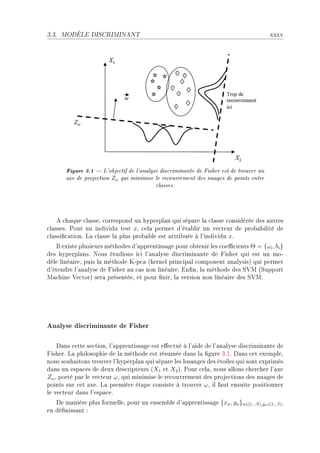 3.3.   MODÈLE DISCRIMINANT                                                                xxxv




        Figure 3.1  L'objectif de l'analyse discriminante de Fisher est de trouver un
        axe de projection Zω qui minimise le recouvrement des nuages de points entre
                                          classes.



    e ™h—que ™l—sseD ™orrespond un hyperpl—n qui sép—re l— ™l—sse ™onsidérée des —utres
™l—ssesF €our un individu test xD ™el— permet d9ét—˜lir un ve™teur de pro˜—˜ilité de
™l—ssi(™—tionF v— ™l—sse l— plus pro˜—˜le est —ttri˜uée à l9individu xF
   sl existe plusieurs méthodes d9—pprentiss—ge pour o˜tenir les ™oe0™ients Θ = {ωi , bi }
des hyperpl—nsF xous étudions i™i l9—n—lyse dis™rimin—nte de pisher qui est un moE
dèle liné—ireD puis l— méthode uEp™— @kernel prin™ip—l ™omponent —n—lysisA qui permet
d9étendre l9—n—lyse de pisher —u ™—s non liné—ireF in(nD l— méthode des ƒ†w @ƒupport
w—™hine †e™torA ser— présentéeD et pour (nirD l— version non liné—ire des ƒ†wF




Analyse discriminante de Fisher

    h—ns ™ette se™tionD l9—pprentiss—ge est e'e™tué à l9—ide de l9—n—lyse dis™rimin—nte de
pisherF v— philosophie de l— méthode est résumée d—ns l— (gure QFIF h—ns ™et exempleD
nous souh—itons trouver l9hyperpl—n qui sép—re les los—nges des étoiles qui sont exprimés
d—ns un esp—™es de deux des™ripteurs @X1 et X2 AF €our ™el—D nous —llons ™her™her l9—xe
Zω D porté p—r le ve™teur ω D qui minimise le re™ouvrement des proje™tions des nu—ges de
points sur ™et —xeF v— première ét—pe ™onsiste à trouver ω D il f—ut ensuite positionner
le ve™teur d—ns l9esp—™eF
   he m—nière plus formelleD pour un ensem˜le d9—pprentiss—ge {xn , yn }n∈[1...N ],yn ∈[1...I] D
en dé(niss—nt X
 