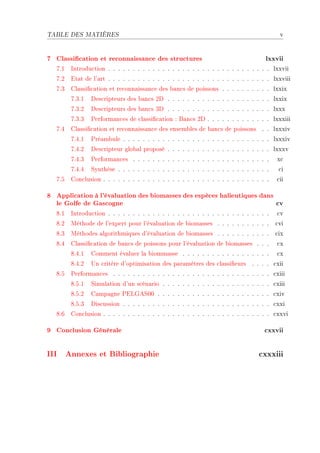 TABLE DES MATIÈRES                                                                        v


7 Classication et reconnaissance des structures                                     lxxvii
  UFI   sntrodu™tion F F F F F F F F F F F F F F F F F F F F F F F F F F F F F F F F F lxxvii
  UFP   it—t de l9—rt F F F F F F F F F F F F F F F F F F F F F F F F F F F F F F F F F lxxviii
  UFQ   gl—ssi(™—tion et re™onn—iss—n™e des ˜—n™s de poissons F F F F F F F F F F lxxix
        UFQFI   hes™ripteurs des ˜—n™s Ph F F F F F F F F F F F F F F F F F F F F F lxxix
        UFQFP   hes™ripteurs des ˜—n™s Qh F F F F F F F F F F F F F F F F F F F F F lxxx
        UFQFQ   €erform—n™es de ™l—ssi(™—tion X f—n™s Ph F F F F F F F F F F F F F lxxxiii
  UFR   gl—ssi(™—tion et re™onn—iss—n™e des ensem˜les de ˜—n™s de poissons F F lxxxiv
        UFRFI   €ré—m˜ule F F F F F F F F F F F F F F F F F F F F F F F F F F F F F F lxxxiv
        UFRFP   hes™ripteur glo˜—l proposé F F F F F F F F F F F F F F F F F F F F F lxxxv
        UFRFQ   €erform—n™es F F F F F F F F F F F F F F F F F F F F F F F F F F F F     x™
        UFRFR   ƒynthèse F F F F F F F F F F F F F F F F F F F F F F F F F F F F F F F    ™i
  UFS   gon™lusion F F F F F F F F F F F F F F F F F F F F F F F F F F F F F F F F F F   ™ii

8 Application à l'évaluation des biomasses des espèces halieutiques dans
  le Golfe de Gascogne                                                   cv
  VFI   sntrodu™tion F F F F F F F F F F F F F F F F F F F F F F F F F F F F F F F F F   ™v
  VFP   wéthode de l9expert pour l9év—lu—tion de ˜iom—sses F F F F F F F F F F F         ™vi
  VFQ   wéthodes —lgorithmiques d9év—lu—tion de ˜iom—sses F F F F F F F F F F F          ™ix
  VFR   gl—ssi(™—tion de ˜—n™s de poissons pour l9év—lu—tion de ˜iom—sses F F F          ™x
        VFRFI   gomment év—luer l— ˜iomm—sse F F F F F F F F F F F F F F F F F F         ™x
        VFRFP   …n ™ritère d9optimis—tion des p—r—mètres des ™l—ssi(eurs F F F F ™xii
  VFS   €erform—n™es F F F F F F F F F F F F F F F F F F F F F F F F F F F F F F F F ™xiii
        VFSFI   ƒimul—tion d9un s™én—rio F F F F F F F F F F F F F F F F F F F F F F ™xiii
        VFSFP   g—mp—gne €ivqeƒHH F F F F F F F F F F F F F F F F F F F F F F F ™xiv
        VFSFQ   his™ussion F F F F F F F F F F F F F F F F F F F F F F F F F F F F F F ™xxi
  VFT   gon™lusion F F F F F F F F F F F F F F F F F F F F F F F F F F F F F F F F F F ™xxvi

9 Conclusion Générale                                                               cxxvii

III Annexes et Bibliographie                                                      cxxxiii
 