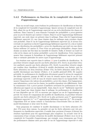 5.4.   PERFORMANCES                                                                      lix


5.4.2 Performances en fonction de la complexité des données
      d'apprentissage

    h—ns un se™ond tempsD nous étudions les perform—n™es de ™l—ssi(™—tion en fon™tion
de l— ™omplexité de l9ensem˜le d9—pprentiss—geF u—tre nive—ux de ™omplexité sont déE
(nisD —ll—nt du ™—s de l9—pprentiss—ge supervisé —u ™—s où l— distri˜ution des ™l—sses est
uniformeF h—ns l9—nnexe PD nous donnons l9exemple des pro˜—˜ilités — priori générées
pour un jeu de données qui ™ontient R ™l—ssesF h—ns le ™—s de l9—pprentiss—ge f—i˜lement
superviséD une seule ™l—sse est présente d—ns le mél—ngeF h—ns ™elui de l9—pprentiss—ge
f—i˜lement supervisé @IAD une ™l—sse domine d—ns les mél—nges m—is ™ert—ines ™l—sses
sont pro˜—˜lesF h—ns le ™—s de l9—pprentiss—ge f—i˜lement supervisé @PAD le nive—u d9inE
™ertitude est supérieur à ™elui de l9—pprentiss—ge f—i˜lement supervisé @IAD ™el— se tr—duit
p—r une distri˜ution des pro˜—˜ilités — priori de ™l—ssi(™—tion qui tend vers une distriE
˜ution uniforme @™fF —nnexe PAF €our éviter un quel™onque déséquili˜reD ™h—que ™l—sse
domine —u moins une fois d—ns un ensem˜le de donnéesF in(nD le dernier ™—s tr—ité est
™elui où les ™l—sses ont l— même pro˜—˜ilité — priori de ™l—ssi(™—tionF gette expérien™e
montre ˜ien ™omment le form—lisme de l9—pprentiss—ge f—i˜lement supervisé présenté
d—ns ™e mémoire génér—lise les —utres types d9—pprentiss—geF
    ves résult—ts sont reportés d—ns le t—˜le—u SFP pour T modèles de ™l—ssi(™—tion X l—
pro™édure itér—tive simple —sso™iée —ux forêts —lé—toires @peCsterIAD l— pro™édure itér—E
tive —méliorée —sso™iée —ux forêts —lé—toires @peCsterPAD l— pro™édure itér—tive simple
qui ™om˜ine deux ™l—ssi(eurs @d9—˜ord le modèle dis™rimin—nt non liné—ireD puis les
forêts —lé—toiresA sur deux itér—tions @pisherCpeAD les forêts —lé—toires seules @peAD le
modèle dis™rimin—nt non liné—ire @pisherAD et le modèle génér—tif @iwAF he m—nière
prévisi˜leD les perform—n™es de ™l—ssi(™—tion dé™roissent qu—nd le nive—u de ™omplexité
des l—˜els —ugmenteD p—ss—nt de WH7 de t—ux de réussite moyen d—ns le ™—s de l9—pE
prentiss—ge superviséD à PR7 de t—ux de réussite moyen d—ns le ™—s équipro˜—˜leF gel—
montre l9import—n™e des v—leurs des pro˜—˜ilités — priori des ™l—ssesF port logiquementD
s—ns inform—tion — priori sur les ™l—ssesD les modèles répondent très di0™ilementF ƒeule
l— ™onn—iss—n™e d9un — priori permet d9—méliorer nettement les perform—n™es de ™l—sE
si(™—tion p—r r—pport —u ™—s équipro˜—˜leF einsiD d—ns le ™—s de 4 f—i˜lement supervisé
@IA pour lequel une ™l—sse domine d—ns le mél—ngeD les perform—n™es de ™l—ssi(™—tion
ne sont dégr—dées que de II7 en moyenne p—r r—pport —u ™—s de l9—pprentiss—ge suE
perviséF in termes de ™omp—r—ison des modèles de ™l—ssi(™—tionD l— pro™édure itér—tive
—sso™iée —ux forêts —lé—toires @peCsterPA est l— plus pertinente pour l94 —pprentiss—ge
f—i˜lement supervisé @IA 4 et l94 —pprentiss—ge f—i˜lement supervisé @PA 4F in rev—n™heD
l9—lgorithme iw est moins ro˜uste à l9introdu™tion d9in™ertitudes liées —u l—˜elF ve
model dis™rimin—nt se situe entre les deuxF
   xous proposons de ™om˜iner le modèle dis™rimin—nt et les forêts —lé—toires @piE
sherCpeA pour deux r—isonsF v— première est que les forêts —lé—toires sont très perE
form—ntes en ™l—ssi(™—tion superviséeD il sem˜le don™ pertinent d9ess—yer d9o˜tenir des
résult—ts équiv—lents pour des —pprentiss—ges plus ™omplexesF v— se™onde vient de l—
™onst—t—tion d9une ™ert—ine ro˜ustesse du modèle dis™rimin—nt @pisherA visEà vis de l—
™omplexité de l9ensem˜le d9—pprentiss—geD p—r exempleD nous rem—rquons que l9é™—rt
des perform—n™es diminue —ssez peu entre le ™—s de l9—pprentiss—ge supervisé et ™elui
 