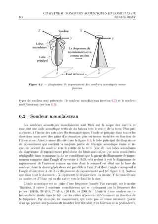 CHAPITRE 6.     SONDEURS ACOUSTIQUES ET LOGICIELS DE

lxx                                                                    TRAITEMENT




       Figure 6.1  Diagramme de rayonnement des sondeurs acoustiques mono-
                                       faisceau.


types de sondeur sont présentés X le sondeur monof—is™e—u @se™tion TFPA et le sondeur
multif—is™e—ux @se™tion TFQAF


6.2 Sondeur monofaisceau
    ves sondeurs —™oustiques monof—is™e—u sont (xés sur l— ™oque des n—vires et
émettent une onde —™oustique verti™—le du ˜—te—u vers le ™entre de l— terreF €lus préE
™isémentD à l9inst—r des —ntennes éle™trom—gnétiquesD l9onde se prop—ge d—ns toutes les
dire™tions m—is —ve™ des g—ins d9—tténu—tion plus ou moins v—ri—˜les en fon™tion de
l9orient—tionF einsiD ™omme illustré d—ns l— (gure TFID le lo˜e prin™ip—l du di—gr—mme
de r—yonnement qui ™ontient l— m—jeure p—rtie de l9énergie —™oustique émise et reE
çueD est orienté du sondeur vers le ™entre de l— terre @—xe Z AF ves lo˜es se™ond—ires
du di—gr—mme de r—yonnement produisent du ˜ruit —™oustique que nous ™onsidérons
néglige—˜le d—ns ™e m—nus™ritF in ne ™onsidér—nt que l— p—rtie du di—gr—mme de r—yonE
nement ™omprise d—ns l9—ngle d9ouverture à EQdfD ™el— revient à voir le di—gr—mme de
r—yonnement de l9—ntenne ™omme un ™ône dont le sommet est situé sur l— ˜—se du
sondeurD dont l— droite génér—tri™e est p—r—llèle à l9—xe Z et dont l9—ngle ™orrespond à
l9—ngle d9ouverture à EQdf du di—gr—mme de r—yonnement réel @™fF (gure TFIAF xotons
que d—ns tout le do™umentD X représente le dépl—™ement du n—vireD Y l— tr—nsvers—le
—u n—vireD et Z l9—xe qui v— du n—vire vers le fond de l— merF
    v9onde —™oustique est un pulse d9une fréquen™e donnéeF €—r exempleD sur le n—vire
„h—l—ss—D il existe S sondeurs monof—is™e—u qui se distinguent p—r l— fréquen™e des
pulses @IVkrzD QV krzD UH krzD IPH krzD et PHHkrzAF v9intérêt d9une —n—lyse multiE
fréquentielle réside d—ns le f—it que les ™i˜les répondent di'éremment en fon™tion de
l— fréquen™eF €—r exempleD les m—quere—uxD qui n9ont p—s de vessie n—t—toire @po™he
d9—ir qui permet —ux poissons de modi(er leur )ott—˜ilité en fon™tion de l— profondeurAD
 
