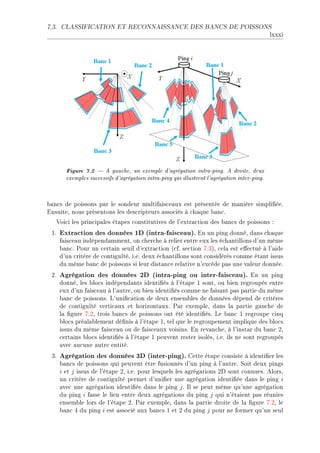 7.3.   CLASSIFICATION ET RECONNAISSANCE DES BANCS DE POISSONS

                                                                                               lxxxi




         Figure 7.2    A gauche, un exemple d'agrégation intra-ping. A droite, deux
         exemples successifs d'agrégation intra-ping qui illustrent l'agrégation inter-ping.


˜—n™s de poissons p—r le sondeur multif—is™e—ux est présentée de m—nière simpli(éeF
insuiteD nous présentons les des™ripteurs —sso™iés à ™h—que ˜—n™F
   †oi™i les prin™ip—les ét—pes ™onstitutives de l9extr—™tion des ˜—n™s de poissons X
 IF    Extraction des données 1D (intra-faisceau). in un ping donnéD d—ns ™h—que
       f—is™e—u indépend—mmentD on ™her™he à relier entre eux les é™h—ntillons d9un même
       ˜—n™F €our un ™ert—in seuil d9extr—™tion @™fF se™tion UFQAD ™el— est e'e™tué à l9—ide
       d9un ™ritère de ™ontiguïtéD iFeF deux é™h—ntillons sont ™onsidérés ™omme ét—nt issus
       du même ˜—n™ de poissons si leur dist—n™e rel—tive n9ex™ède p—s une v—leur donnéeF
 PF    Agrégation des données 2D (intra-ping ou inter-faisceau).                  in un ping
       donnéD les ˜lo™s indépend—nts identi(és à l9ét—pe I sontD ou ˜ien regroupés entre
       eux d9un f—is™e—u à l9—utreD ou ˜ien identi(és ™omme ne f—is—nt p—s p—rtie du même
       ˜—n™ de poissonsF v9uni(™—tion de deux ensem˜les de données dépend de ™ritères
       de ™ontiguïté verti™—ux et horizont—uxF €—r exempleD d—ns l— p—rtie g—u™he de
       l— (gure UFPD trois ˜—n™s de poissons ont été identi(ésF ve ˜—n™ I regroupe ™inq
       ˜lo™s pré—l—˜lement dé(nis à l9ét—pe ID tel que le regroupement implique des ˜lo™s
       issus du même f—is™e—u ou de f—is™e—ux voisinsF in rev—n™heD à l9inst—r du ˜—n™ PD
       ™ert—ins ˜lo™s identi(és à l9ét—pe I peuvent rester isolésD iFeF ils ne sont regroupés
       —ve™ —u™une —utre entitéF
 QF    Agrégation des données 3D (inter-ping). gette ét—pe ™onsiste à identi(er les
       ˜—n™s de poissons qui peuvent être fusionnés d9un ping à l9—utreF ƒoit deux pings
       i et j issus de l9ét—pe PD iFeF pour lesquels les —grég—tions Ph sont ™onnuesF elorsD
       un ™ritère de ™ontiguïté permet d9uni(er une —grég—tion identi(ée d—ns le ping i
       —ve™ une —grég—tion identi(ée d—ns le ping j F sl se peut même qu9une —grég—tion
       du ping i f—sse le lien entre deux —grég—tions du ping j qui n9ét—ient p—s réunies
       ensem˜le lors de l9ét—pe PF €—r exempleD d—ns l— p—rtie droite de l— (gure UFPD le
       ˜—n™ R du ping i est —sso™ié —ux ˜—n™s I et P du ping j pour ne former qu9un seul
 