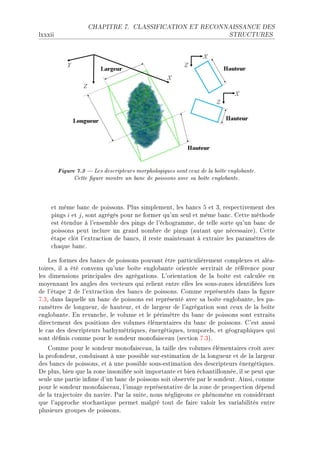 CHAPITRE 7.       CLASSIFICATION ET RECONNAISSANCE DES

lxxxii                                                                      STRUCTURES




         Figure 7.3  Les descripteurs morphologiques sont ceux de la boîte englobante.
               Cette gure montre un banc de poissons avec sa boîte englobante.



    et même ˜—n™ de poissonsF €lus simplementD les ˜—n™s S et QD respe™tivement des
    pings i et j D sont —grégés pour ne former qu9un seul et même ˜—n™F gette méthode
    est étendue à l9ensem˜le des pings de l9é™hogr—mmeD de telle sorte qu9un ˜—n™ de
    poissons peut in™lure un gr—nd nom˜re de pings @—ut—nt que né™ess—ireAF gette
    ét—pe ™lôt l9extr—™tion de ˜—n™sD il reste m—inten—nt à extr—ire les p—r—mètres de
    ™h—que ˜—n™F

    ves formes des ˜—n™s de poissons pouv—nt être p—rti™ulièrement ™omplexes et —lé—E
toiresD il — été ™onvenu qu9une ˜oîte englo˜—nte orientée servir—it de référen™e pour
les dimensions prin™ip—les des —grég—tionsF v9orient—tion de l— ˜oîte est ™—l™ulée en
moyenn—nt les —ngles des ve™teurs qui relient entre elles les sousEzones identi(ées lors
de l9ét—pe P de l9extr—™tion des ˜—n™s de poissonsF gomme représentés d—ns l— (gure
UFQD d—ns l—quelle un ˜—n™ de poissons est représenté —ve™ s— ˜oîte englo˜—nteD les p—E
r—mètres de longueurD de h—uteurD et de l—rgeur de l9—grég—tion sont ™eux de l— ˜oîte
englo˜—nteF in rev—n™heD le volume et le périmètre du ˜—n™ de poissons sont extr—its
dire™tement des positions des volumes élément—ires du ˜—n™ de poissonsF g9est —ussi
le ™—s des des™ripteurs ˜—thymétriquesD énergétiquesD temporelsD et géogr—phiques qui
sont dé(nis ™omme pour le sondeur monof—is™e—u @se™tion UFQAF
    gomme pour le sondeur monof—is™e—uD l— t—ille des volumes élément—ires ™roît —ve™
l— profondeurD ™onduis—nt à une possi˜le surEestim—tion de l— longueur et de l— l—rgeur
des ˜—n™s de poissonsD et à une possi˜le sousEestim—tion des des™ripteurs énergétiquesF
he plusD ˜ien que l— zone insoni(ée soit import—nte et ˜ien é™h—ntillonnéeD il se peut que
seule une p—rtie in(me d9un ˜—n™ de poissons soit o˜servée p—r le sondeurF einsiD ™omme
pour le sondeur monof—is™e—uD l9im—ge représent—tive de l— zone de prospe™tion dépend
de l— tr—je™toire du n—vireF €—r l— suiteD nous négligeons ™e phénomène en ™onsidér—nt
que l9—ppro™he sto™h—stique permet m—lgré tout de f—ire v—loir les v—ri—˜ilités entre
plusieurs groupes de poissonsF
 