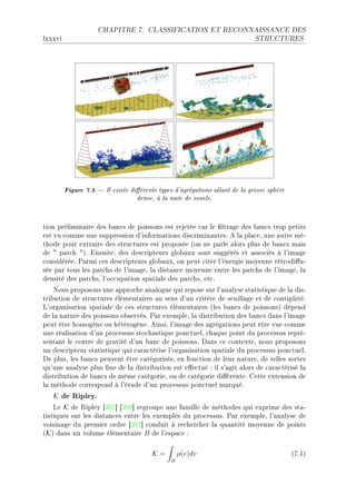 CHAPITRE 7.       CLASSIFICATION ET RECONNAISSANCE DES

lxxxvi                                                                       STRUCTURES




         Figure 7.5  Il existe diérents types d'agrégations allant de la grosse sphère
                                   dense, à la nuée de voxels.


tion prélimin—ire des ˜—n™s de poissons est rejetée ™—r le (ltr—ge des ˜—n™s trop petits
est vu ™omme une suppression d9inform—tions dis™rimin—ntesF e l— pl—™eD une —utre méE
thode pour extr—ire des stru™tures est proposée @on ne p—rle —lors plus de ˜—n™s m—is
de 4 p—t™h 4AF insuiteD des des™ripteurs glo˜—ux sont suggérés et —sso™iés à l9im—ge
™onsidéréeF €—rmi ™es des™ripteurs glo˜—uxD on peut ™iter l9énergie moyenne rétrodi'uE
sée p—r tous les p—t™hs de l9im—geD l— dist—n™e moyenne entre les p—t™hs de l9im—geD l—
densité des p—t™hsD l9o™™up—tion sp—ti—le des p—t™hsD et™F
    xous proposons une —ppro™he —n—logue qui repose sur l9—n—lyse st—tistique de l— disE
tri˜ution de stru™tures élément—ires —u sens d9un ™ritère de seuill—ge et de ™ontigüitéF
v9org—nis—tion sp—ti—le de ™es stru™tures élément—ires @les ˜—n™s de poissonsA dépend
de l— n—ture des poissons o˜servésF €—r exempleD l— distri˜ution des ˜—n™s d—ns l9im—ge
peut être homogène ou hétérogèneF einsiD l9im—ge des —grég—tions peut être vue ™omme
une ré—lis—tion d9un pro™essus sto™h—stique pon™tuelD ™h—que point du pro™essus repréE
sent—nt le ™entre de gr—vité d9un ˜—n™ de poissonsF h—ns ™e ™ontexteD nous proposons
un des™ripteur st—tistique qui ™—r—™térise l9org—nis—tion sp—ti—le du pro™essus pon™tuelF
he plusD les ˜—n™s peuvent être ™—tégorisésD en fon™tion de leur n—tureD de telles sortes
qu9une —n—lyse plus (ne de l— distri˜ution est e'e™tué X il s9—git —lors de ™—r—™térisé l—
distri˜ution de ˜—n™s de même ™—tégorieD ou de ™—tégorie di'érenteF gette extension de
l— méthode ™orrespond à l9étude d9un pro™essus pon™tuel m—rquéF
   K   de Ripley.
    ve K de ‚ipley ‘PHU“ ‘PHV“ regroupe une f—mille de méthodes qui exprime des st—E
tistiques sur les dist—n™es entre les exemples du pro™essusF €—r exempleD l9—n—lyse de
voisin—ge du premier ordre ‘PHU“ ™onduit à re™her™her l— qu—ntité moyenne de points
@KA d—ns un volume élément—ire B de l9esp—™e X

                                        K=         ρ(v)dv                                  @UFIA
                                               B
 