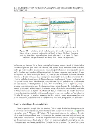 7.4.   CLASSIFICATION ET RECONNAISSANCE DES ENSEMBLES DE BANCS

DE POISSONS                                                                                x™i




        Figure 7.7     En bas à droite : Histogramme des sondes moyennes pour la
        classe (a) (gros bancs de sardines bien dénis), la classe (b) (bancs épars pou-
        vant être très denses mais plutôt de forme sphérique), et la classe (c) (bancs
             diormes tels que la densité des bancs dans l'image est importante).


m—is —ussi en fon™tion de l— forme des —grég—tions des im—gesF einsiD l— ™l—sse @—A se
™—r—™térise p—r des gros ˜—n™s de s—rdines ˜ien dé(nis noyés d—ns des nuées de voxels
isolés qui ™orrespondent à des poissons isolésD des petits ˜—n™s de poissons isolés ou des
nuées de pl—n™tonF v— ™l—sse @˜A est ™onstituée de ˜—n™s ép—rs pouv—nt être très denses
m—is plutôt de forme sphériqueF in(nD l— ™l—sse @™A est ™omposée de ˜—n™s di'ormes
tels que l— densité de ˜—n™s d—ns l9im—ge soit import—nteF v9o˜je™tif est d9—voir un desE
™ripteur glo˜—l qui renseigne à l— fois sur l— n—ture des ˜—n™s de l9im—geD m—is —ussi sur
l9org—nis—tion des ˜—n™s d—ns l9im—geD don™ si le des™ripteur glo˜—l —rrive à di'éren™ier
™es trois ™l—ssesD notre o˜je™tif est —tteintF €our inform—tionD d—ns l— (gure UFUD l9histoE
gr—mme des sondes moyennes des im—ges est tr—™é pour ™h—™une des trois ™l—ssesF he
mêmeD pour mieux se représenter l— donnéeD nous —0™hons les distri˜utions sp—ti—les
et temporelles d—ns l— (gure UFVF h9ores et déjàD l9o˜serv—tion des sondes moyennes
et des distri˜utions sp—ti—les et temporelles nous permet de ™on™lure qu9une ™l—sse se
dét—™he des —utres X l— s—rdineD —lors que les deux —utres ™l—ssesD ™omposées d9—n™hois
et de ™hin™h—rdsD sont simil—ires en distri˜utions sp—ti—lesD temporellesD et de sondesF


Analyse statistique des descripteurs
    h—ns un premier tempsD —(n de mesurer l9import—n™e de ™h—que des™ripteur d—ns
le pro™essus de dis™rimin—tionD nous e'e™tuons une —n—lyse de l— v—ri—n™e ‘PIQ“ @enov—
en —ngl—is pour 4 ex—lysis yf †—ri—n™e 4AF ƒous ™onditions que les v—ri—n™es des disE
tri˜utions de ™h—que ™l—sse sont ég—les et que les o˜serv—tions sont indépend—ntesD ™e
test permet de qu—nti(er l9é™—rt des moyennes des distri˜utions de ™h—que ™l—sse pour
un des™ripteur donnéF einsiD plus ™et é™—rt est import—ntD plus le des™ripteur est disE
™rimin—nt pour les ™l—sses ™onsidéréesF ve prin™ipe est le suiv—ntF …n test d9hypothèse
 