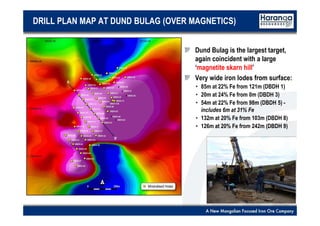 15
DRILL PLAN MAP AT DUND BULAG (OVER MAGNETICS)
Dund Bulag is the largest target,
again coincident with a large
‘magnetite skarn hill’
Very wide iron lodes from surface:
• 85m at 22% Fe from 121m (DBDH 1)
• 20m at 24% Fe from 0m (DBDH 3)
• 54m at 22% Fe from 98m (DBDH 5) -
includes 6m at 31% Fe
• 132m at 20% Fe from 103m (DBDH 8)
• 126m at 20% Fe from 242m (DBDH 9)
 