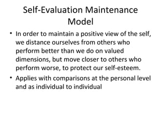 Self-Evaluation Maintenance Model In order to maintain a positive view of the self, we distance ourselves from others who perform better than we do on valued dimensions, but move closer to others who perform worse, to protect our self-esteem. Applies with comparisons at the personal level and as individual to individual 
