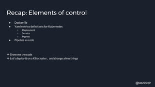 Recap: Elements of control
● Dockerfile
● Yaml service definitions for Kubernetes
○ Deployment
○ Service
○ Ingress
● Pipeline as code
⇒ Show me the code
⇒ Let’s deploy it on a K8s cluster.. and change a few things
@laszlocph
 