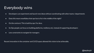 Everybody wins
● Developers can experiment and launch new ideas without coordinating with other teams / departments
● Does this mean snowflakes that ops has to fix in the middle of the night?
● On the contrary! This is built by ops. For devs.
● So Ops people can focus on building platforms, resiliency etc, instead of supporting developers
● Less constraints to navigate for managers
Recent innovation in the container and CI/CD space allowed this vision to be achievable.
@laszlocph
 