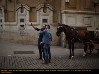 Men take a selfie with a horse in the downtown of the Andalusian capital of Seville, in this November 21, 2014 file photo....