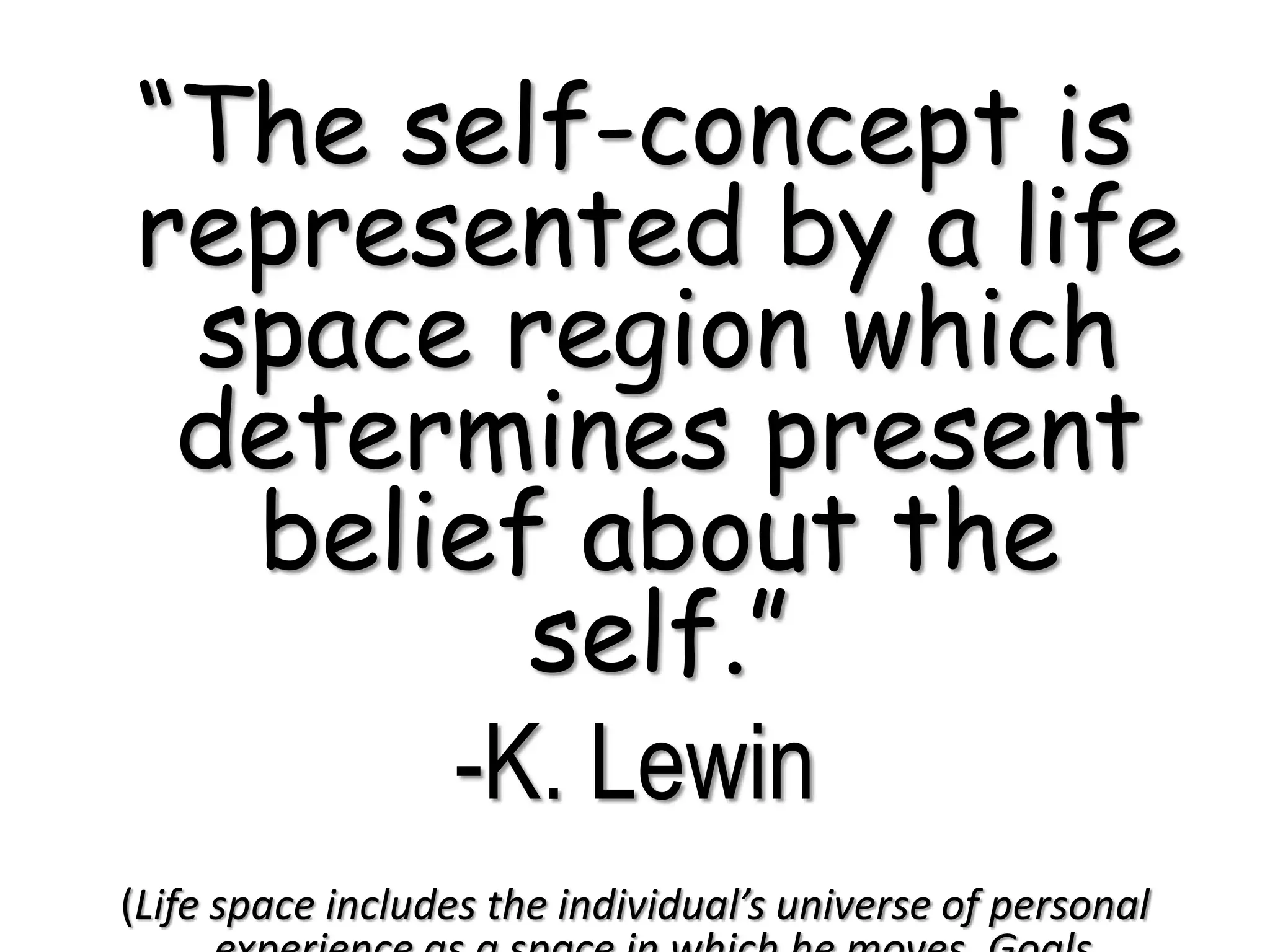 “The self-concept is
represented by a life
space region which
determines present
belief about the
self.”
-K. Lewin
(Life space includes the individual’s universe of personal
 