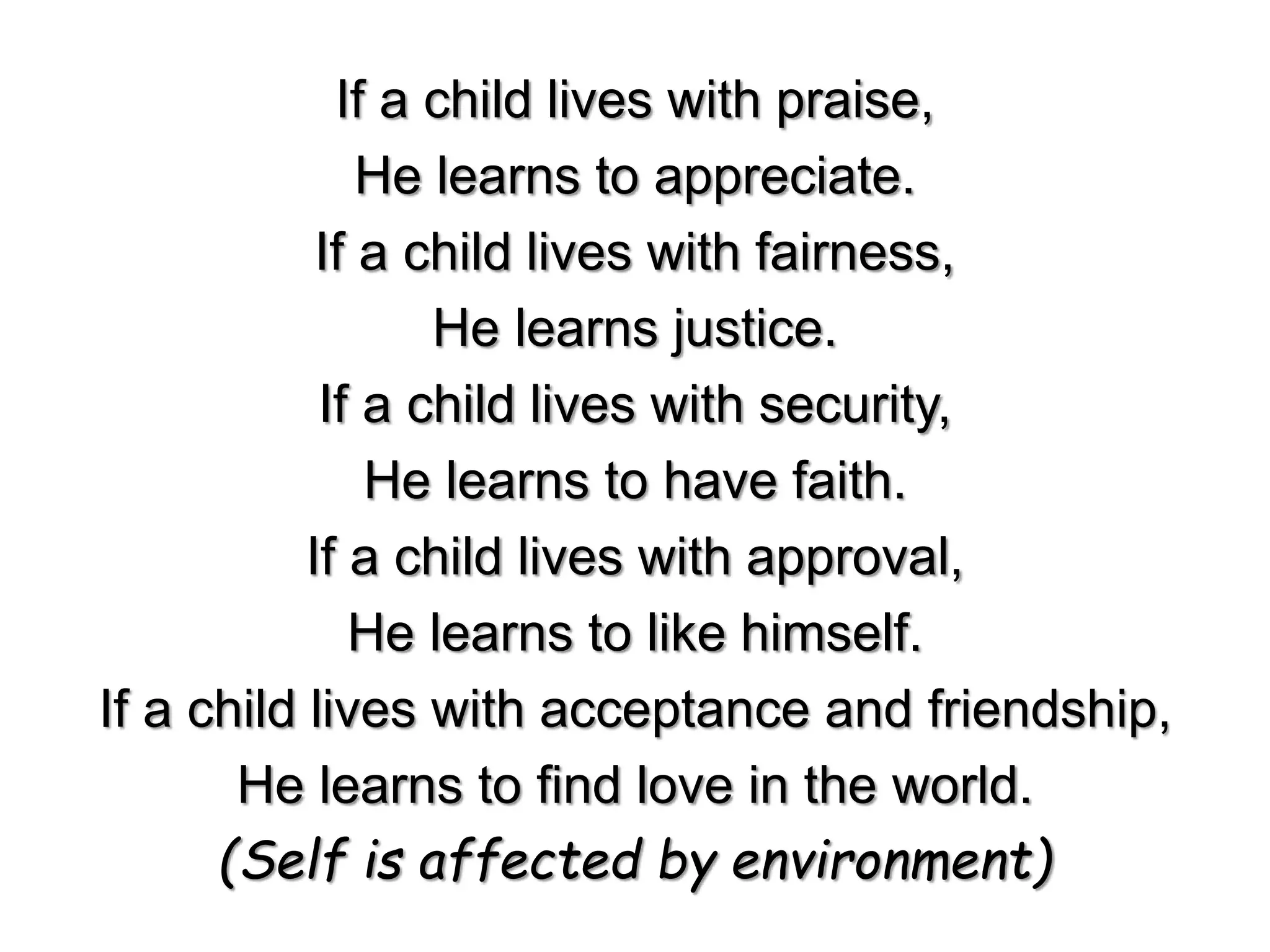 If a child lives with praise,
He learns to appreciate.
If a child lives with fairness,
He learns justice.
If a child lives with security,
He learns to have faith.
If a child lives with approval,
He learns to like himself.
If a child lives with acceptance and friendship,
He learns to find love in the world.
(Self is affected by environment)
 
