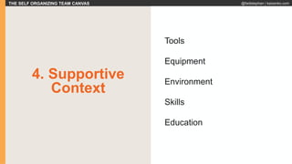 THE SELF ORGANIZING TEAM CANVAS @fadistephan | kaizenko.com
4. Supportive
Context
Tools
Equipment
Environment
Skills
Education
 