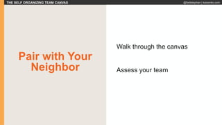 THE SELF ORGANIZING TEAM CANVAS @fadistephan | kaizenko.com
Pair with Your
Neighbor
Walk through the canvas
Assess your team
 