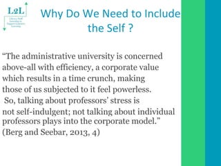 Why Do We Need to Include
the Self ?
“The administrative university is concerned
above-all with efficiency, a corporate va...