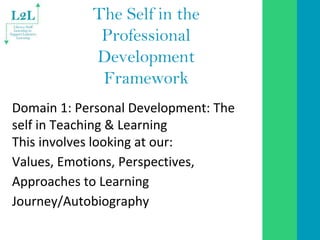 The Self in the
Professional
Development
Framework
Domain 1: Personal Development: The
self in Teaching & Learning
This in...