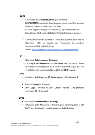 __________________________ 
Christophe Loisel– MBA MCI 2013 
L’impression 3D : Prochaine révolution Industrielle ? Nouveaux Enjeux pour le secteur Dentaire 
32/87 
2009 
• Création de MakerBot Industries par Bre Pettis 
• BIOPLOTTER Imprimante de prototypage rapide pour Biomatériaux 
Utilise un procèss nommé Computer Alred. 
La table traçante fabrique ses matrices 3D à partir De différents 
biomatériaux (Hydrogels, :Collagène,Alginate,Silicone,céramique). 
• L’institut français d’art culinaire et l’école d’art culinaire de la ville de 
New-York City ont travaillé sur l’impression de nourriture 
(imprimante 3D libre Fab@Home) 
source http://fr.wikipedia.org/wiki/Impression_tridimensionnelle 
2011 
• Rachat de Solidscape par Stratasys. 
• Liz et Kyle von Hassein lancent The Sugar Lab : Studio de Design 
spécialisé dans l’impression 3D à base de sucre mélangé à de l’eau 
et de l’alcool. Ils seront rachetés en 2013 par 3D Systems. 
2012 
• Acquisition de Z Corp par 3D Systems pour 137 millions de $. 
• Rachat d’Objet par Stratasys. 
• Choc Edge propose la Choc Creator Version 1, la première 
imprimante 3D à chocolat. 
2013 
• Acquisition de MakerBot par Stratasys. 
• Partenariat entre Organovo et Invetech pour commercialiser la 3D 
BioPrinter. Cette union verra la naissance du BioPrinting. 
 